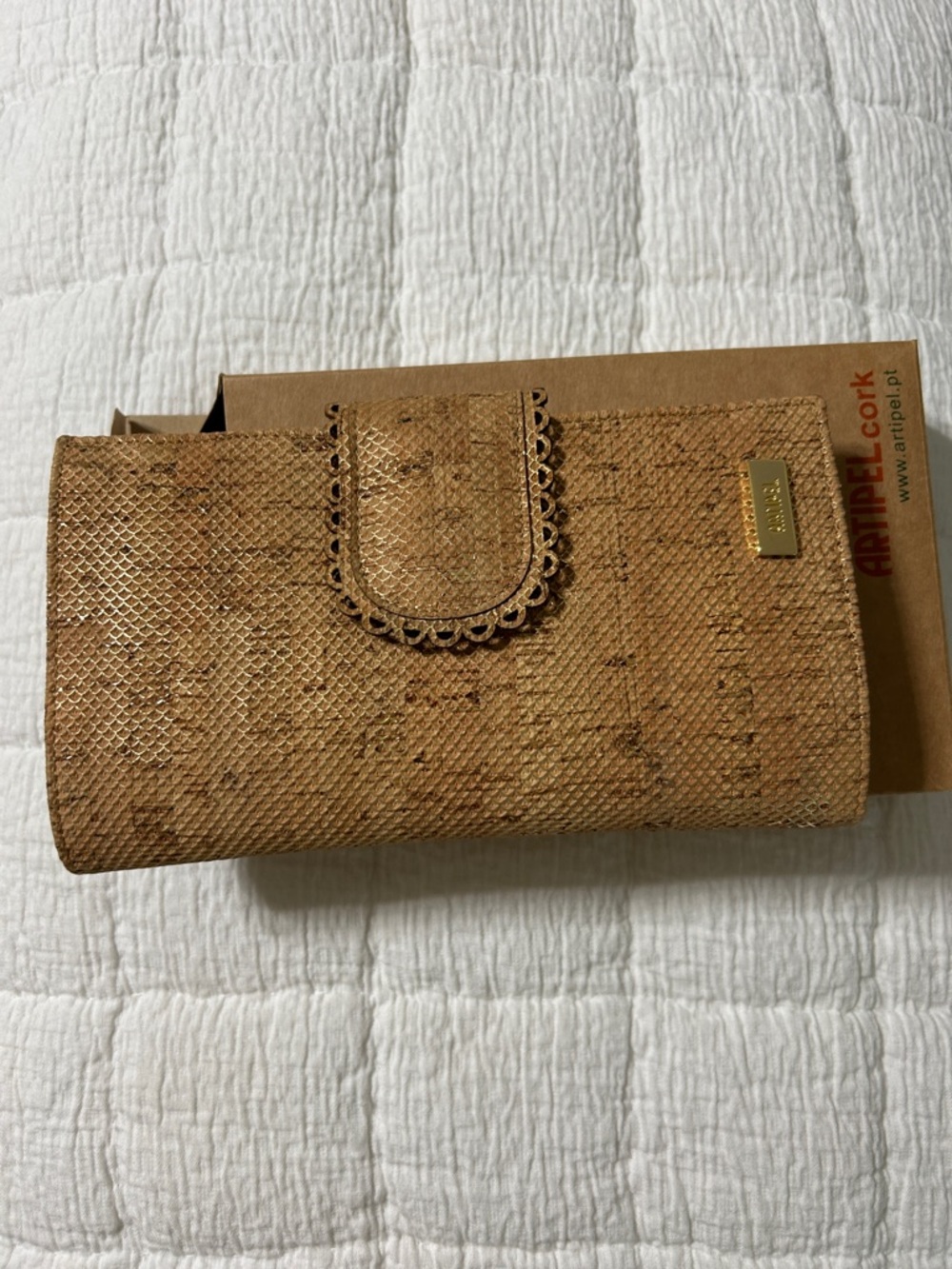 New - Artipel Cork Tan Fold-Over Wallet/Clutch with Scallop Detail